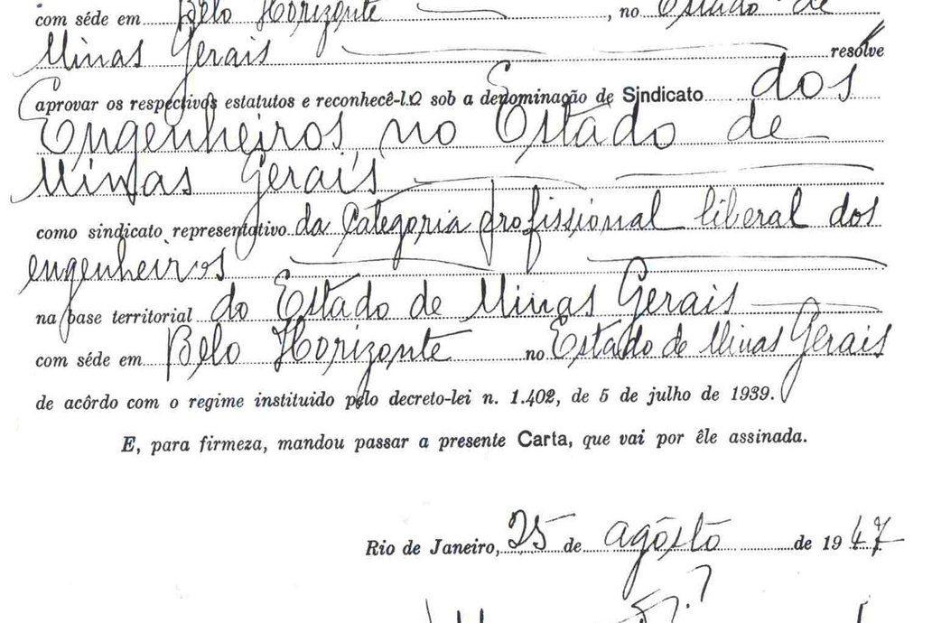 Carta Sindical de 1947 que reconhece o Sindicato dos Engenheiros no Estado de Minas Gerais