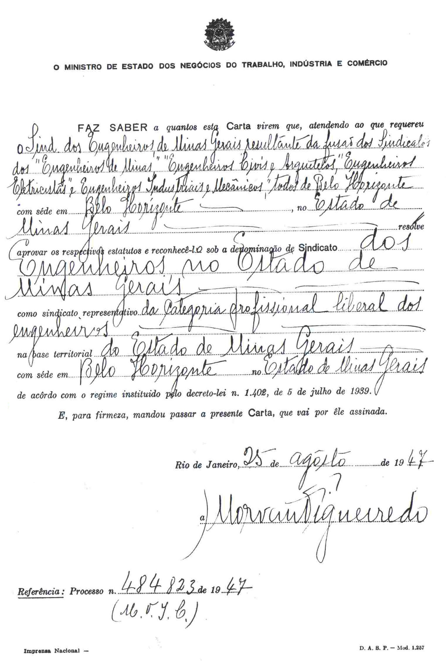 Carta Sindical de 1947 que reconhece o Sindicato dos Engenheiros no Estado de Minas Gerais